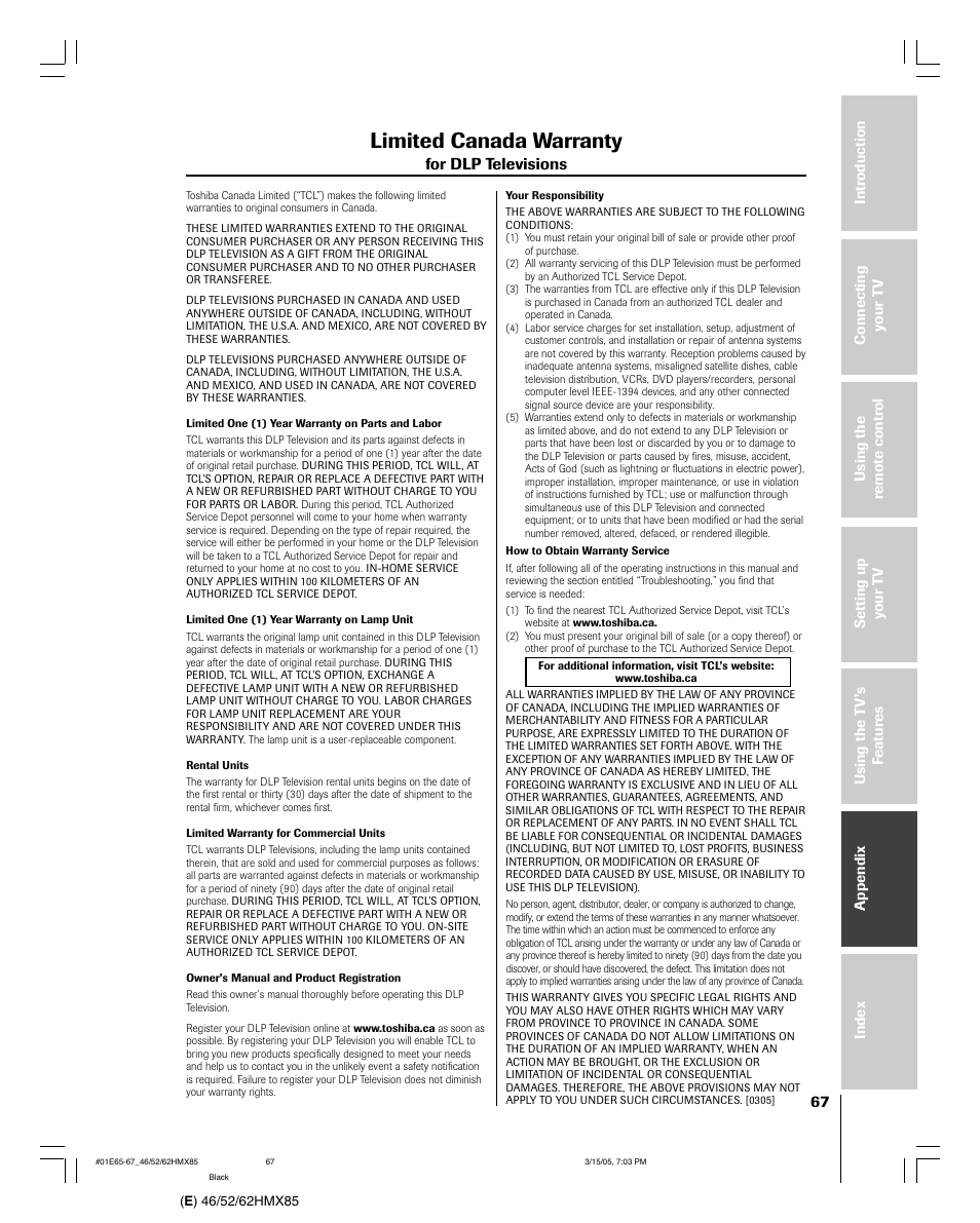 Limited canada warranty | Toshiba 46HMX85 User Manual | Page 67 / 72