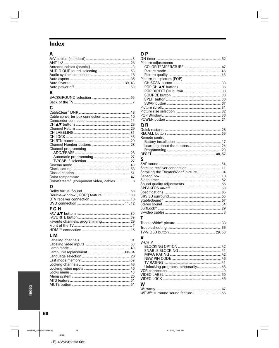 Index | Toshiba 46HMX85 User Manual | Page 68 / 72