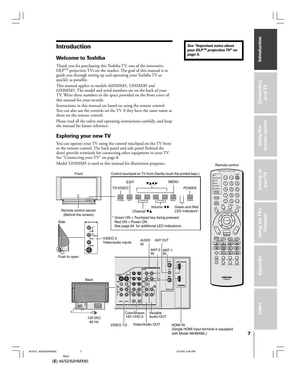 Introduction, Welcome to toshiba, Exploring your new tv | Menu volume channel exit tv/video power | Toshiba 46HMX85 User Manual | Page 7 / 72
