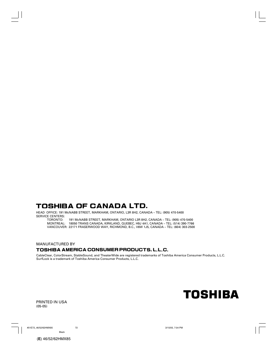 Toshiba 46HMX85 User Manual | Page 72 / 72