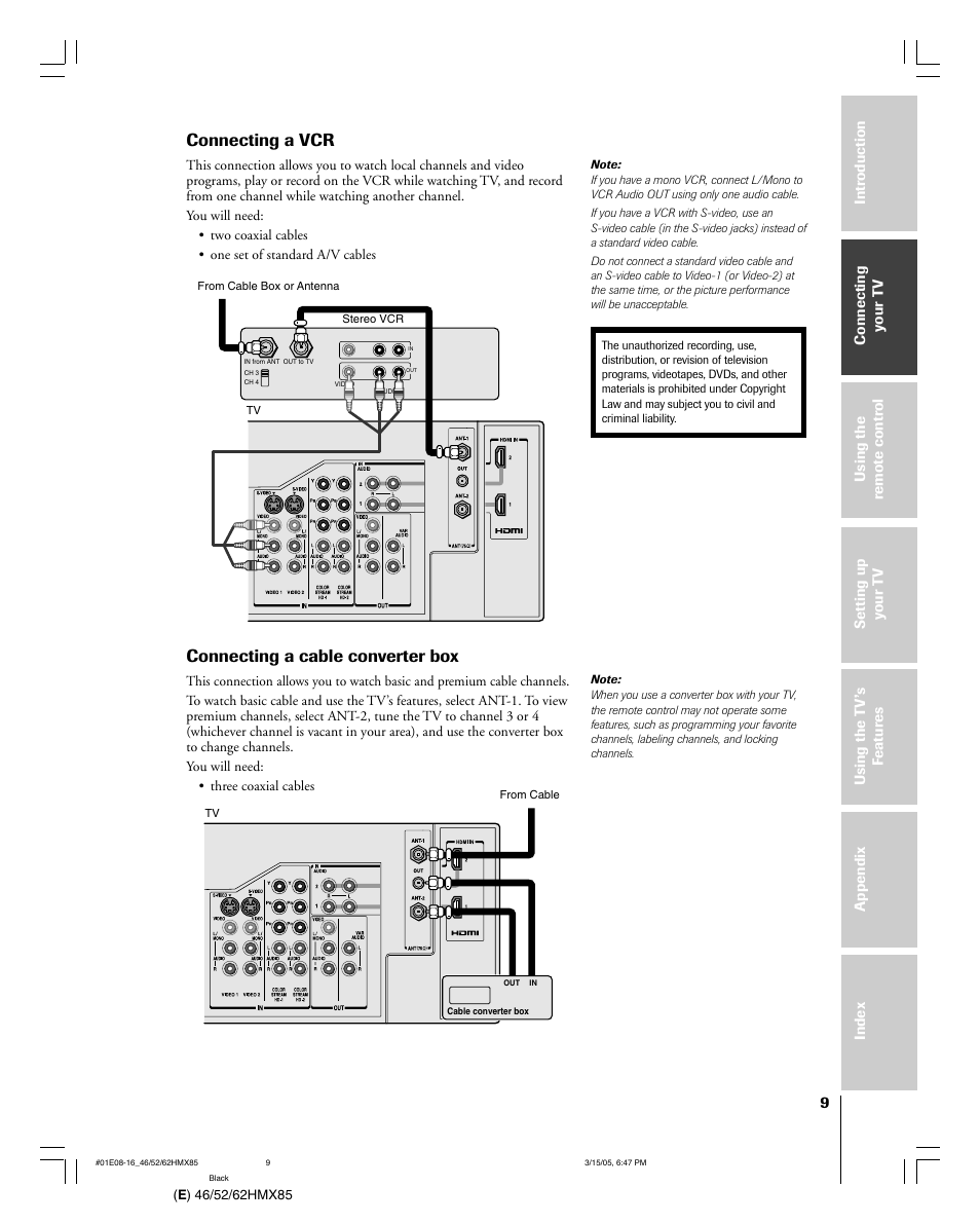 Connecting a vcr, Connecting a cable converter box | Toshiba 46HMX85 User Manual | Page 9 / 72