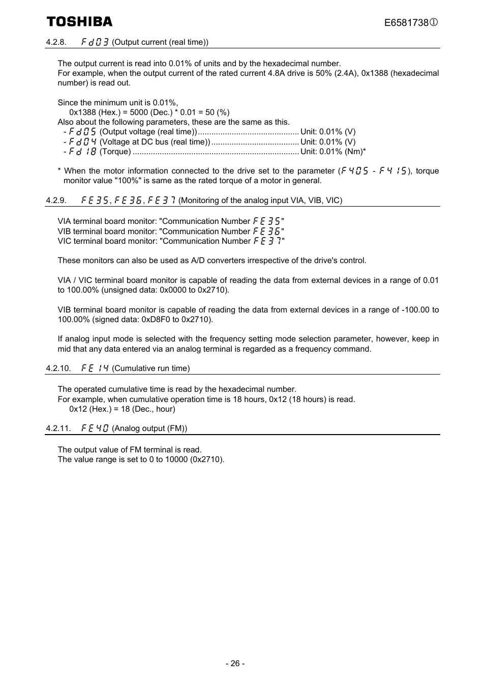 Fd03 (output current (real time)), Fe14 (cumulative run time), Fe40 (analog output (fm)) | Toshiba Tosvert VF-MB1/S15 User Manual | Page 28 / 38