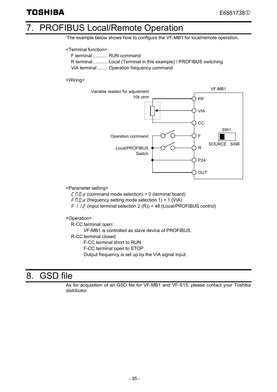 Profibus local/remote operation, Gsd file | Toshiba Tosvert VF-MB1/S15 User Manual | Page 37 / 38