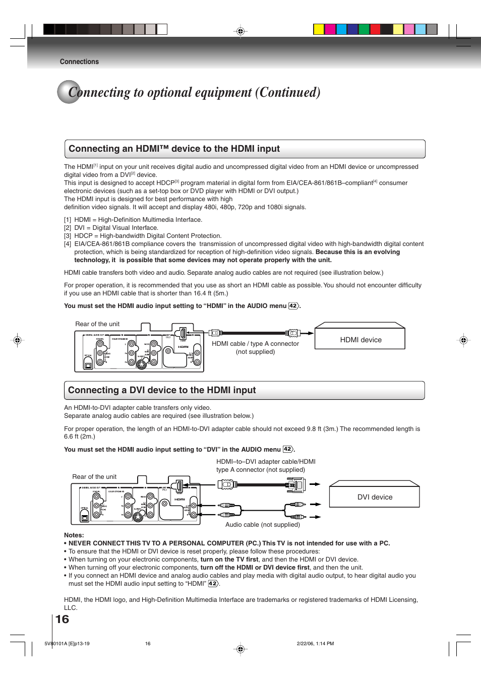 Connecting to optional equipment (continued), Connecting an hdmi™ device to the hdmi input, Connecting a dvi device to the hdmi input | Toshiba MD30H82 User Manual | Page 16 / 72