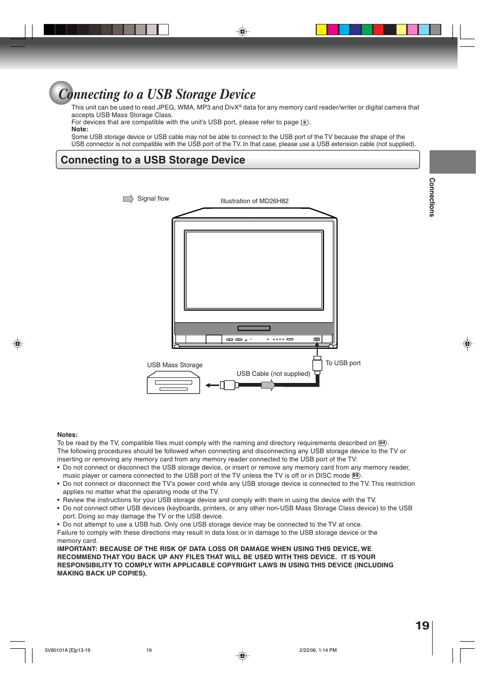 Connecting to a usb storage device | Toshiba MD30H82 User Manual | Page 19 / 72