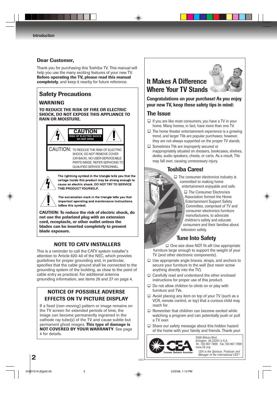 It makes a difference where your tv stands, Safety precautions, The issue | Toshiba cares, Tune into safety | Toshiba MD30H82 User Manual | Page 2 / 72