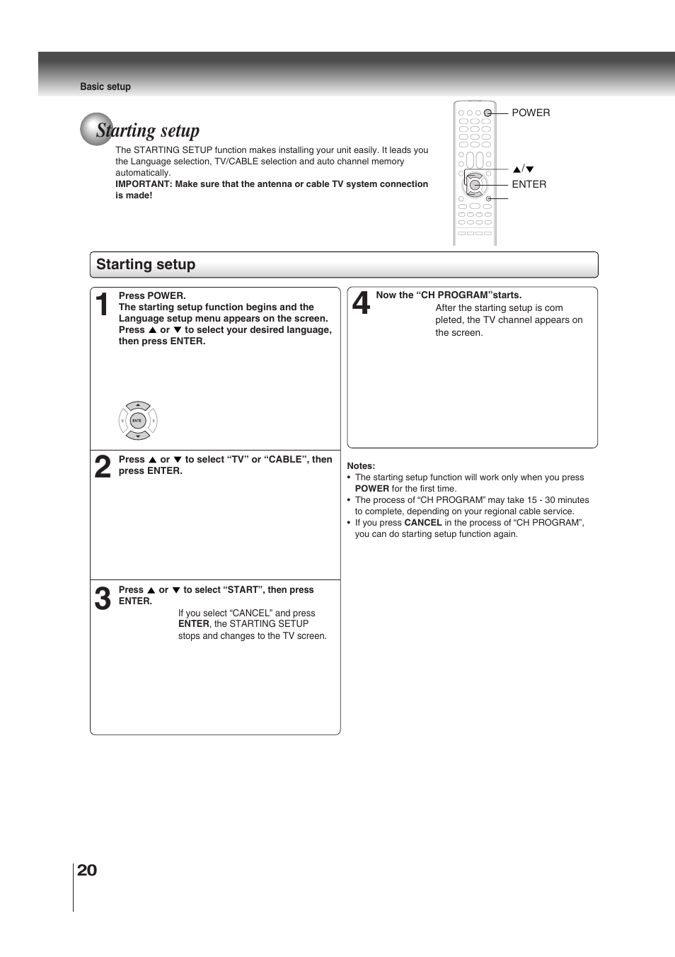Starting setup | Toshiba MD30H82 User Manual | Page 20 / 72