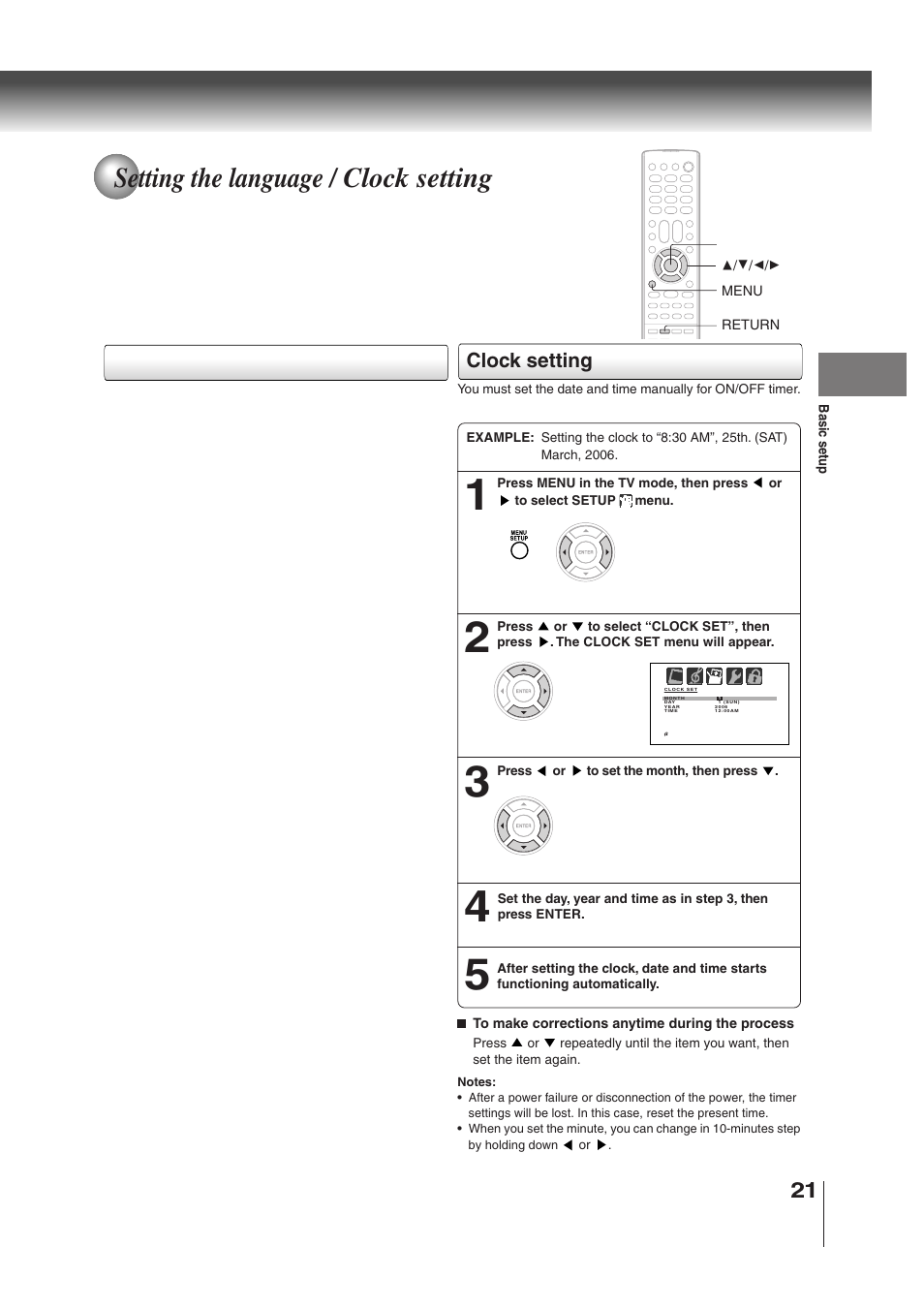 Setting the language / clock setting, Clock setting | Toshiba MD30H82 User Manual | Page 21 / 72