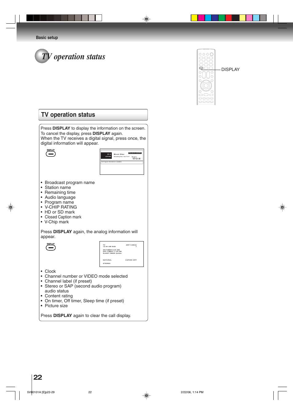 Tv operation status, Display basic setup | Toshiba MD30H82 User Manual | Page 22 / 72