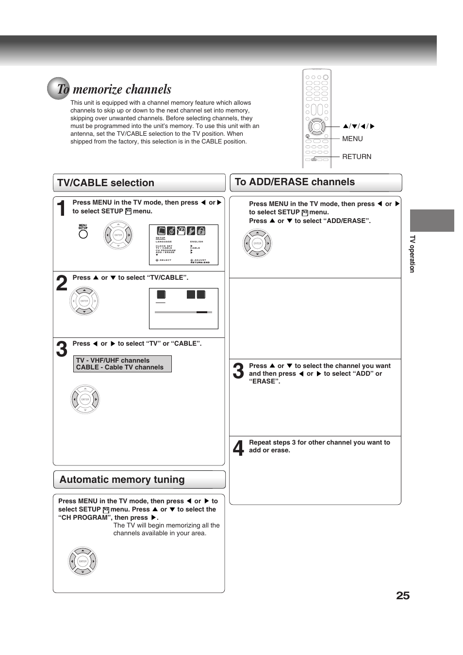 Tv/cable selection | Toshiba MD30H82 User Manual | Page 25 / 72