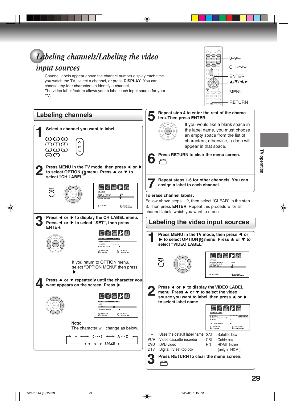 Labeling channels/labeling the video input sources, Labeling channels, Labeling the video input sources | Toshiba MD30H82 User Manual | Page 29 / 72