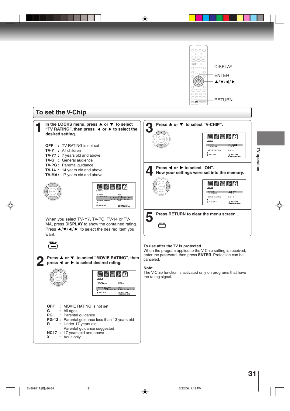 Tv operation, Return / / / display enter | Toshiba MD30H82 User Manual | Page 31 / 72