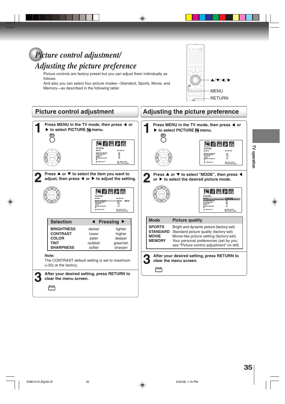 Selection pressing, Tv operation, Mode picture quality | Menu, Return | Toshiba MD30H82 User Manual | Page 35 / 72