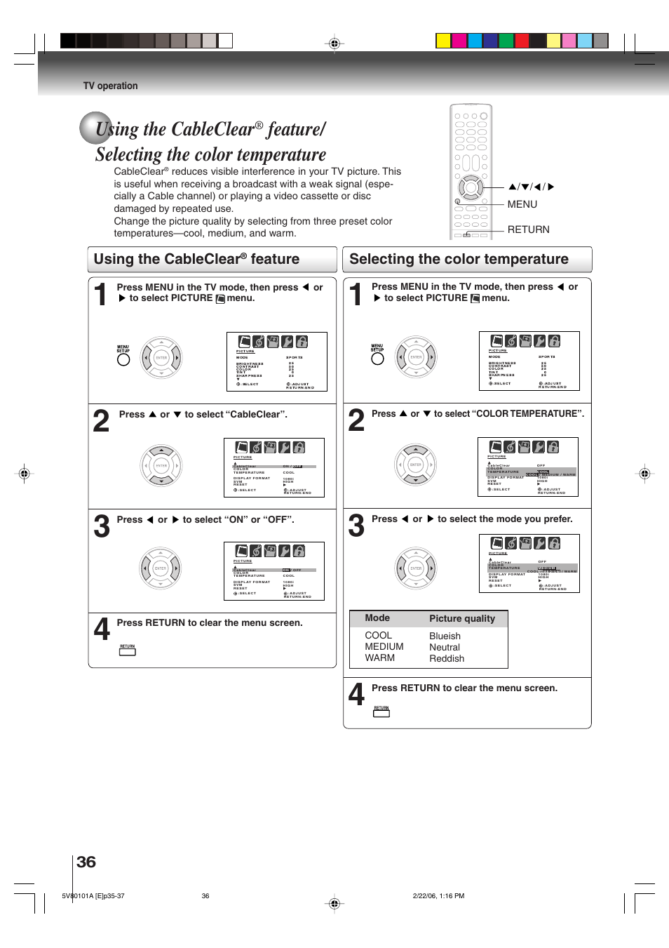 Using the cableclear, Feature/ selecting the color temperature, Selecting the color temperature | Feature, Tv operation cableclear, Menu / / / return | Toshiba MD30H82 User Manual | Page 36 / 72