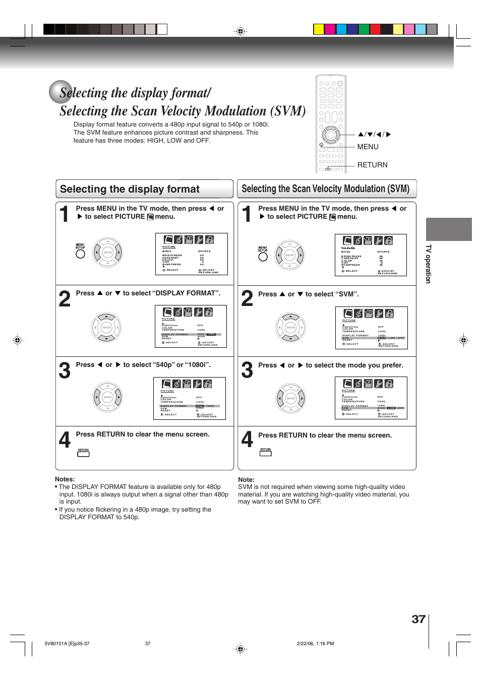 Selecting the display format, Selecting the scan velocity modulation (svm), Tv operation | Menu / / / return | Toshiba MD30H82 User Manual | Page 37 / 72