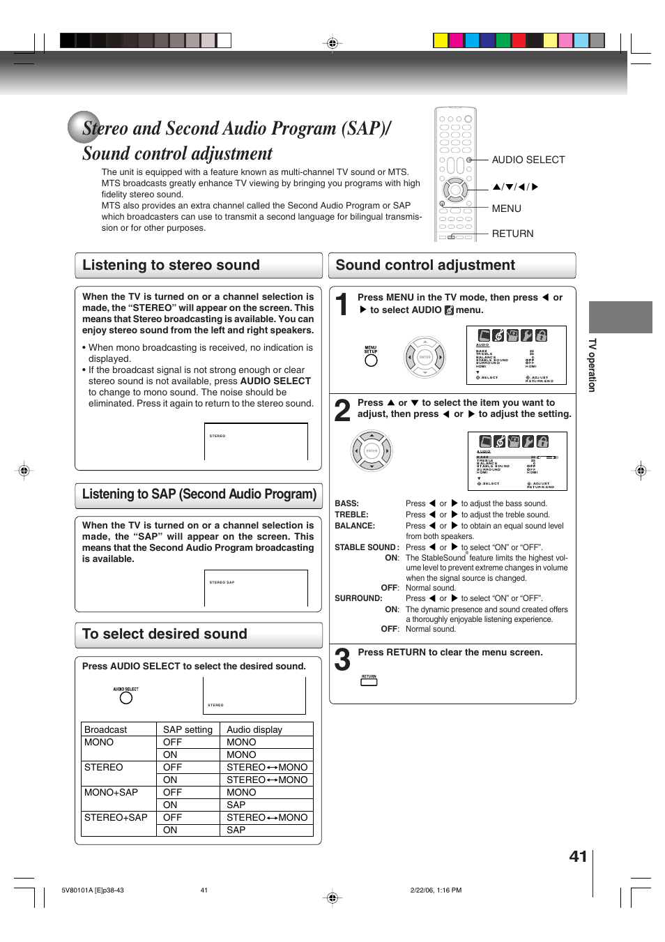 Sound control adjustment, Listening to sap (second audio program) | Toshiba MD30H82 User Manual | Page 41 / 72