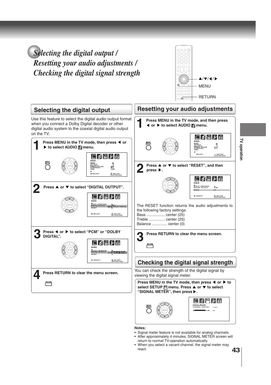 Selecting the digital output, Resetting your audio adjustments, Checking the digital signal strength | Tv operation, Menu return | Toshiba MD30H82 User Manual | Page 43 / 72