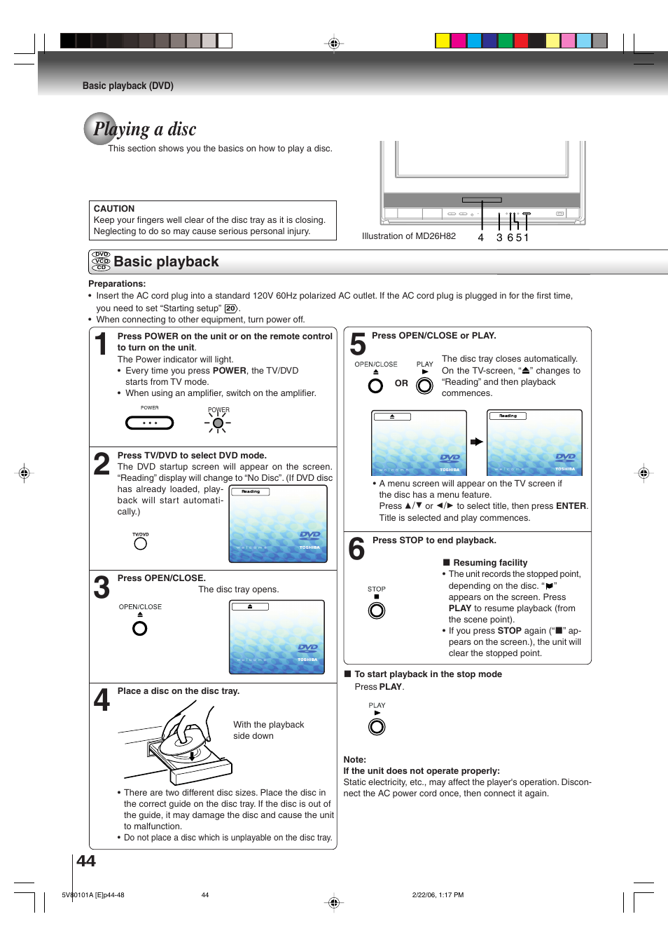 Playing a disc, Basic playback | Toshiba MD30H82 User Manual | Page 44 / 72