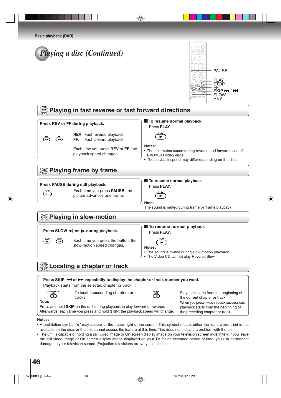 Playing a disc (continued), Playing in slow-motion locating a chapter or track | Toshiba MD30H82 User Manual | Page 46 / 72