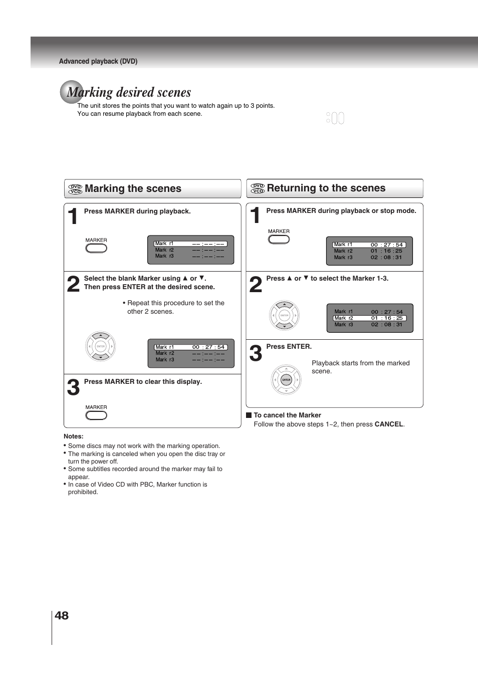 Marking desired scenes, Marking the scenes returning to the scenes | Toshiba MD30H82 User Manual | Page 48 / 72