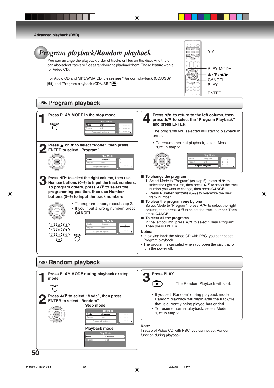 Program playback/random playback, Program playback, Random playback | Toshiba MD30H82 User Manual | Page 50 / 72
