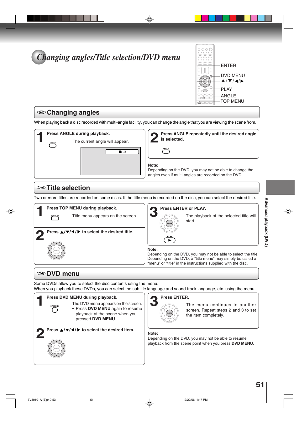 Changing angles/title selection/dvd menu | Toshiba MD30H82 User Manual | Page 51 / 72