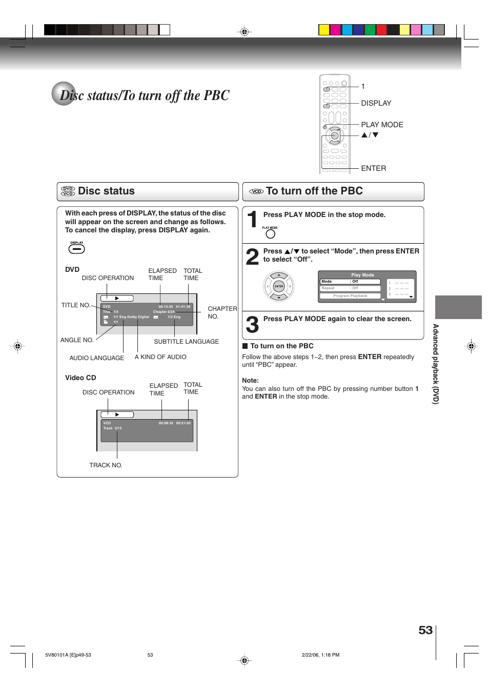 Disc status/to turn off the pbc, Disc status | Toshiba MD30H82 User Manual | Page 53 / 72