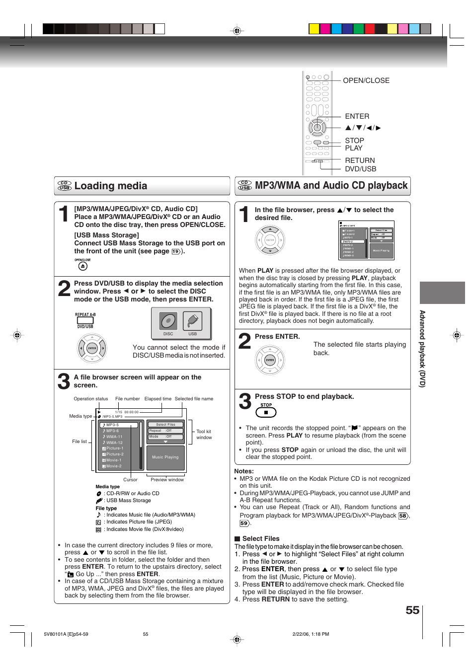 Loading media, Mp3/wma and audio cd playback | Toshiba MD30H82 User Manual | Page 55 / 72