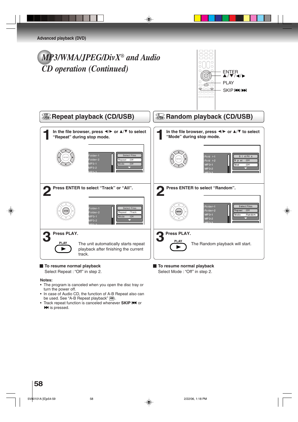 Mp3/wma/jpeg/divx, And audio cd operation (continued), Repeat playback (cd/usb) random playback (cd/usb) | Toshiba MD30H82 User Manual | Page 58 / 72