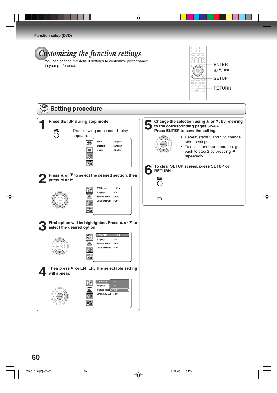 Customizing the function settings, Setting procedure, Function setup (dvd) | Enter, Setup, Return | Toshiba MD30H82 User Manual | Page 60 / 72