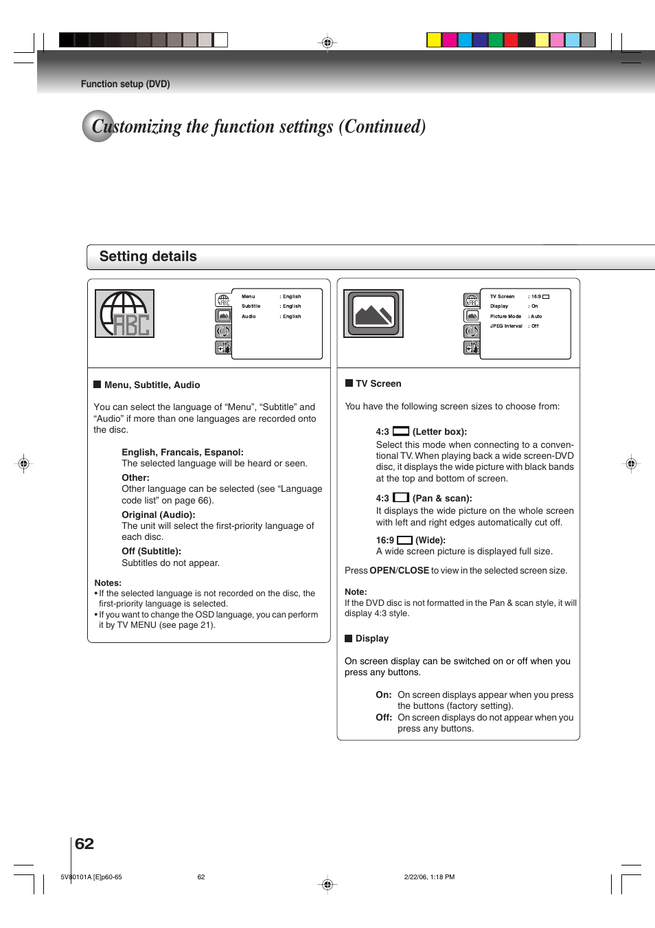 Customizing the function settings (continued), Setting details, Function setup (dvd) | Toshiba MD30H82 User Manual | Page 62 / 72