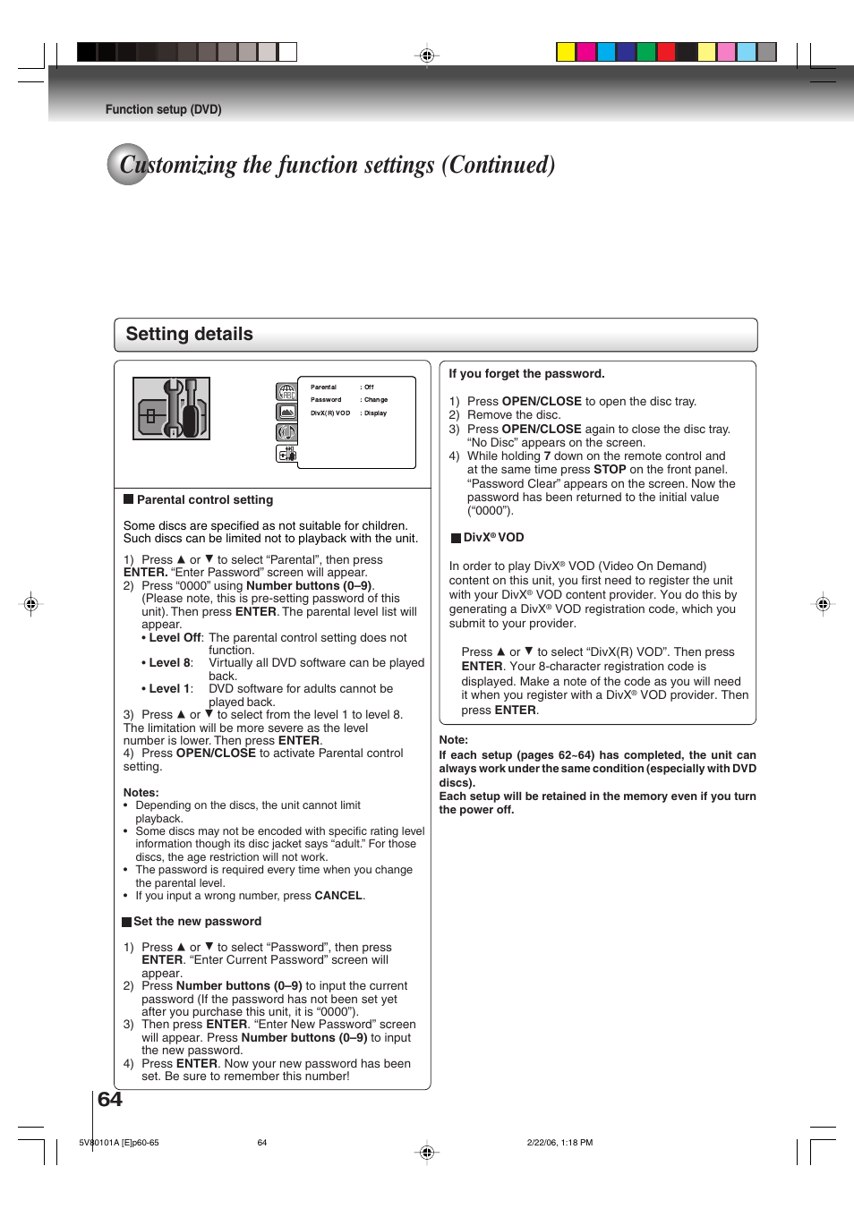 Customizing the function settings (continued), Setting details | Toshiba MD30H82 User Manual | Page 64 / 72