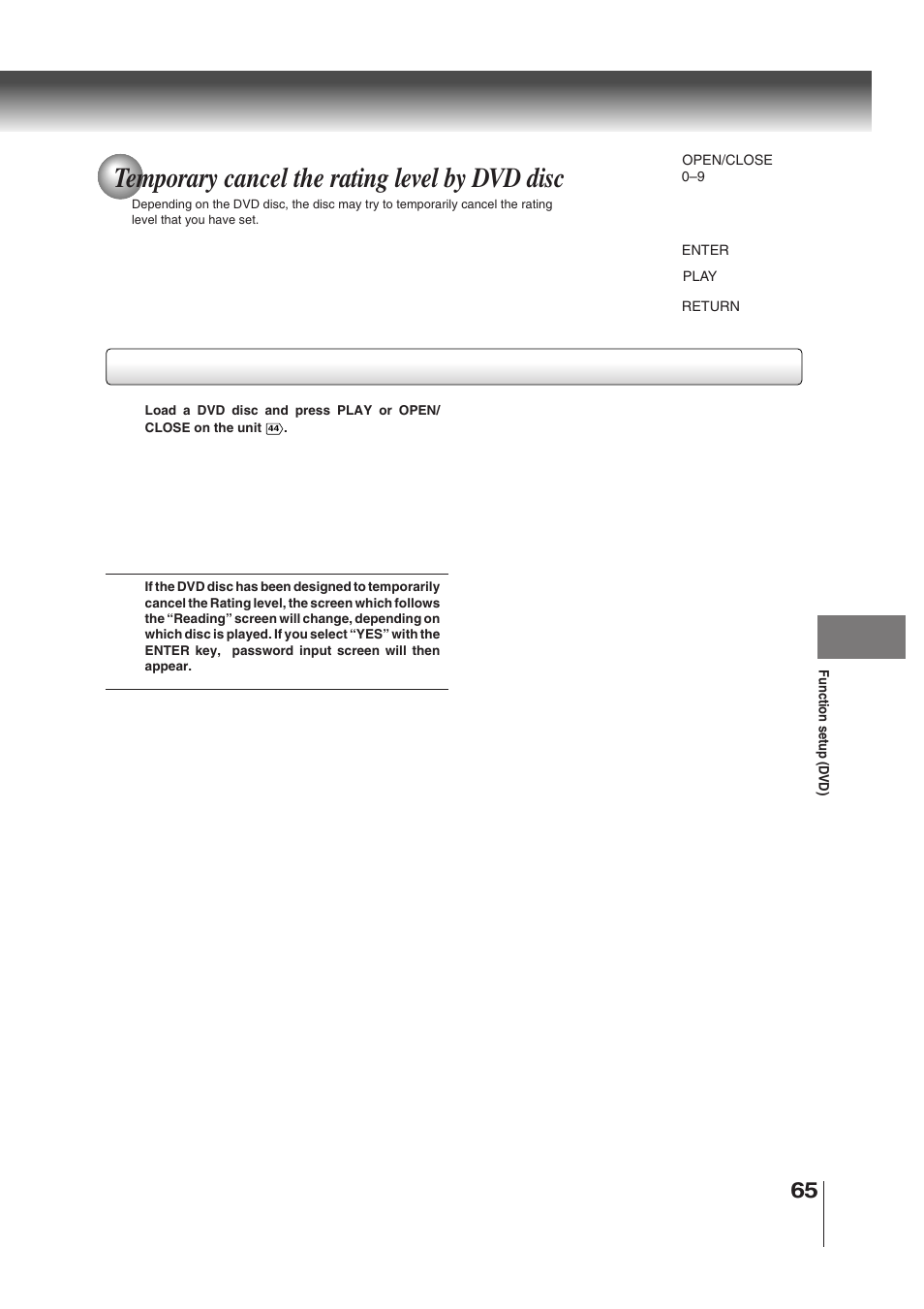 Temporary cancel the rating level by dvd disc | Toshiba MD30H82 User Manual | Page 65 / 72