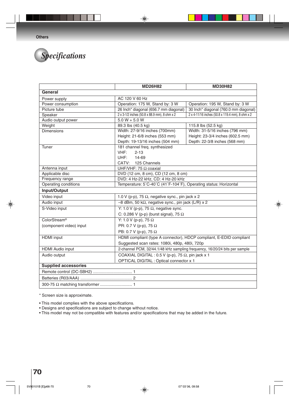 Specifications | Toshiba MD30H82 User Manual | Page 70 / 72