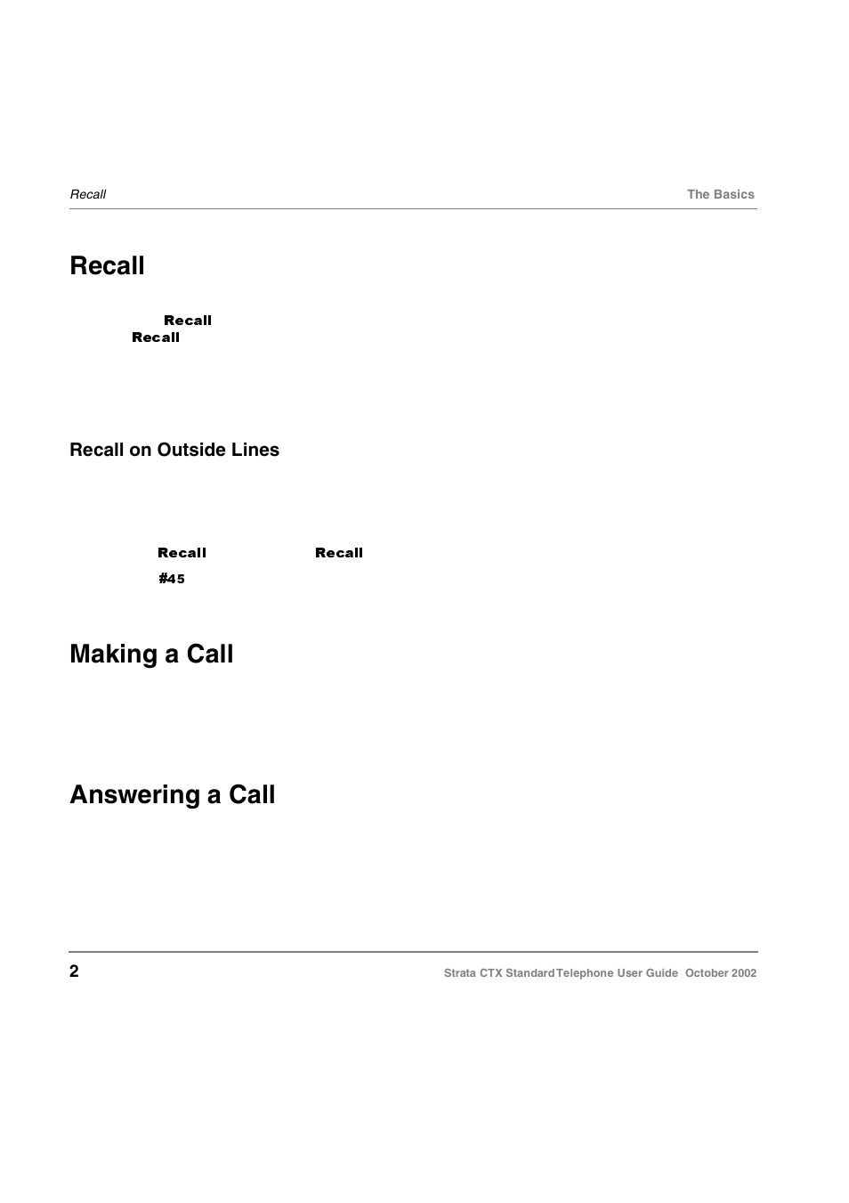Recall, Recall on outside lines, Making a call | Answering a call, Making a call answering a call | Toshiba Standard Telephone User Manual | Page 11 / 49