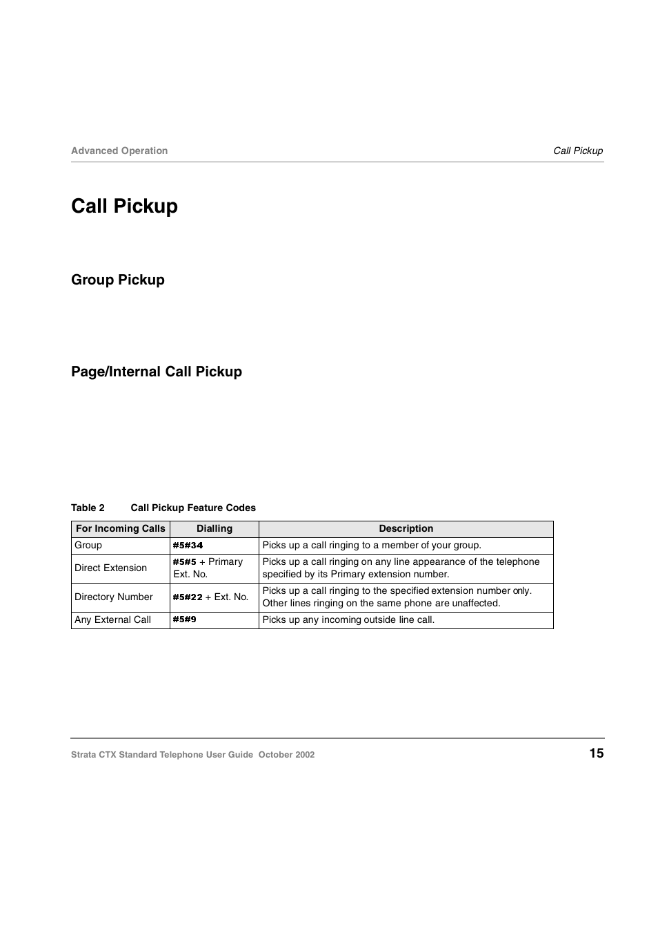 Call pickup, Group pickup, Page/internal call pickup | Toshiba Standard Telephone User Manual | Page 24 / 49