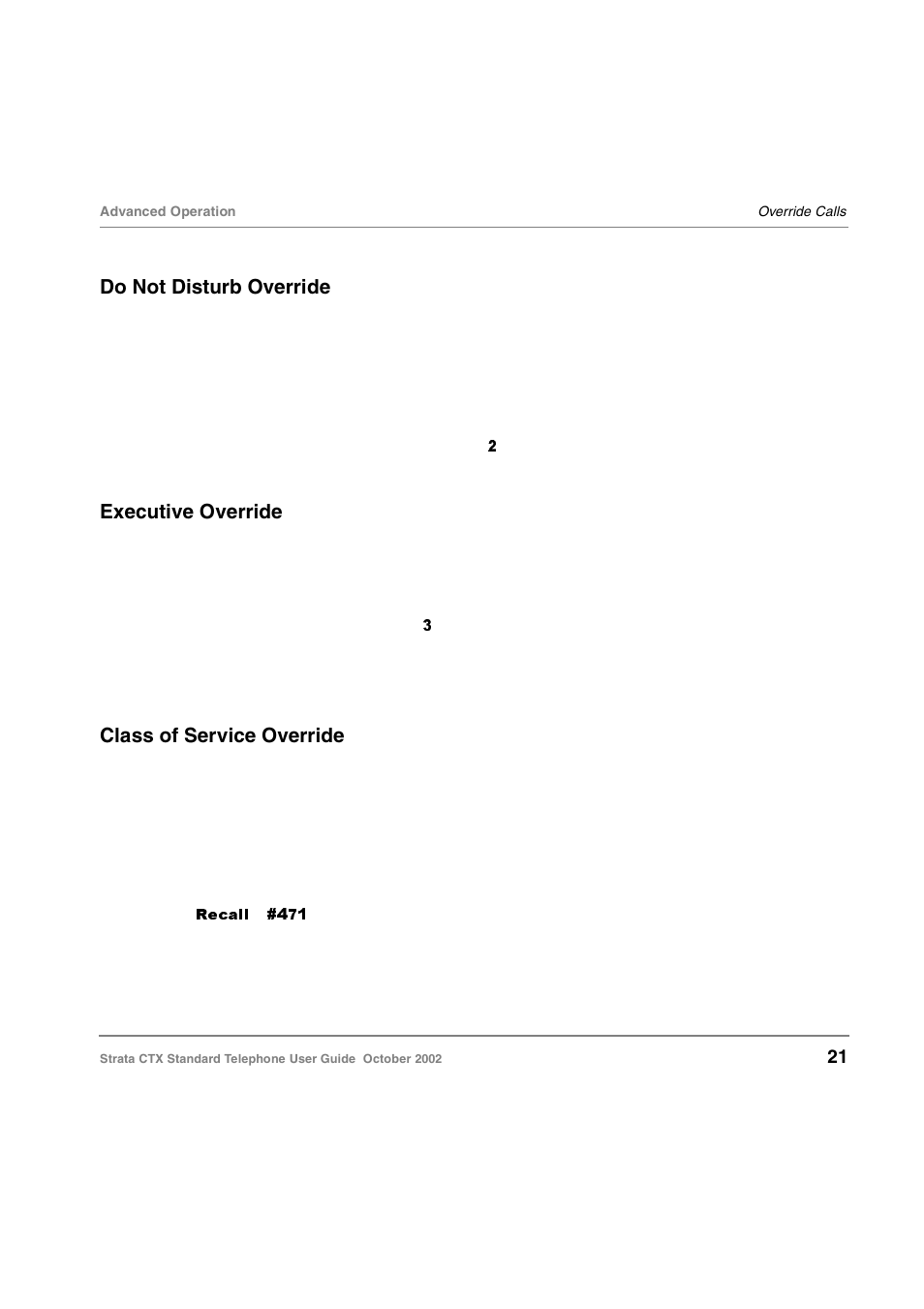 Do not disturb override, Executive override, Class of service override | Toshiba Standard Telephone User Manual | Page 30 / 49