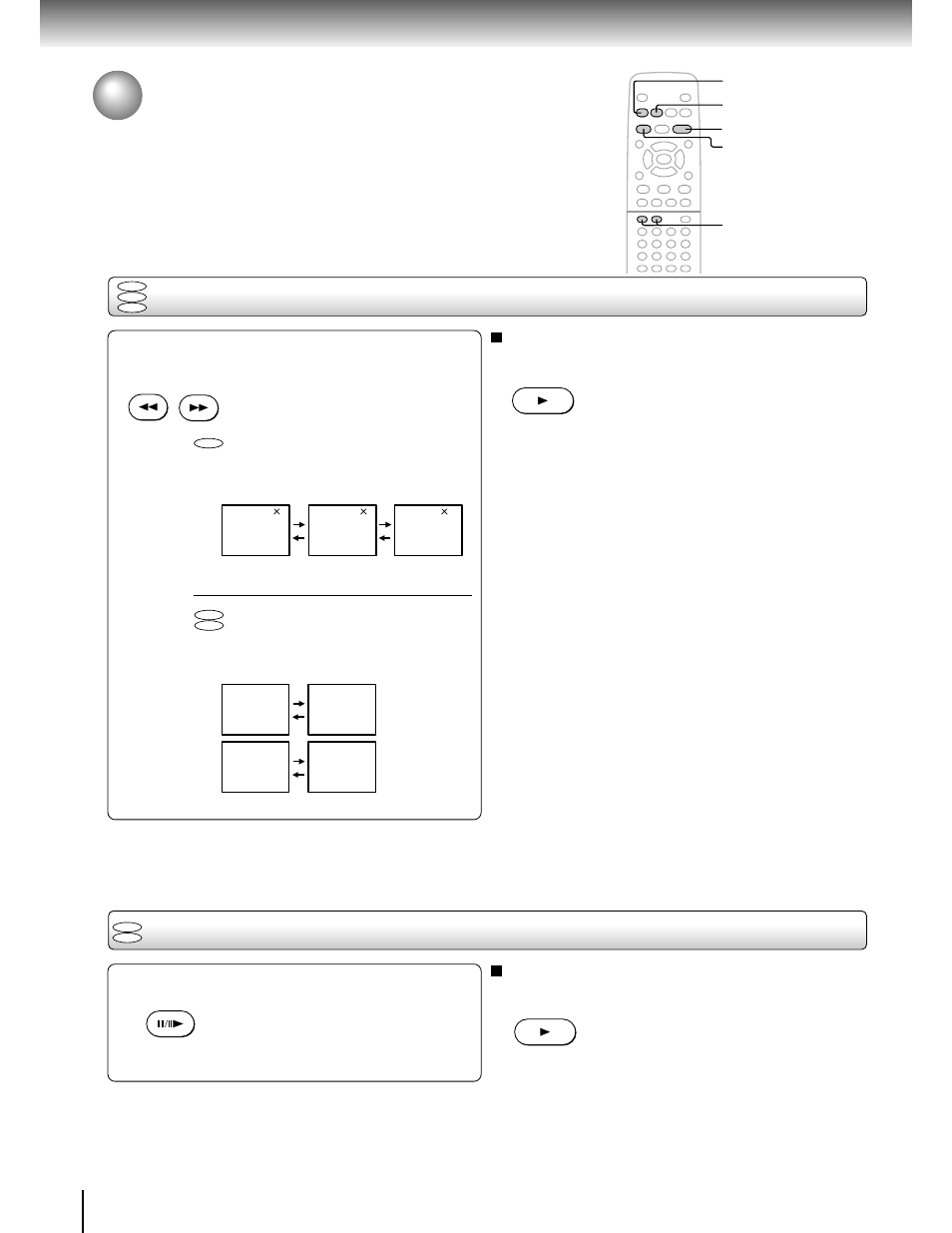 Playing a disc (continued), Playing in fast reverse or fast forward directions, Playing frame by frame | Press pause/step during still playback, Press rev or fwd during playback | Toshiba SD-2150 User Manual | Page 22 / 46