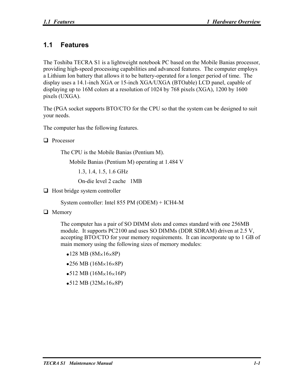 Features, 1 features | Toshiba TECRA S1 User Manual | Page 15 / 268