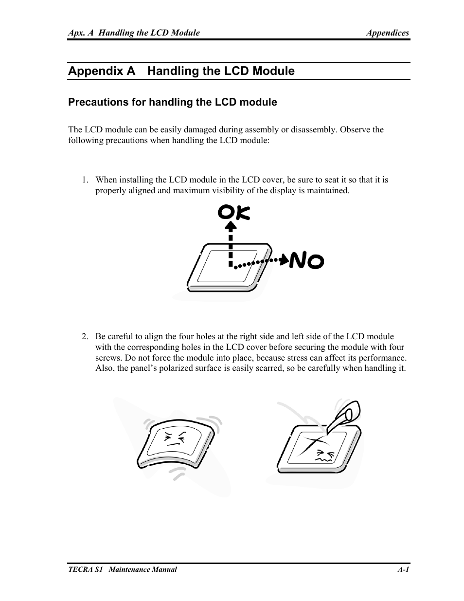 Appendix a - handling the lcd module, Appendix a handling the lcd module, Precautions for handling the lcd module | Toshiba TECRA S1 User Manual | Page 218 / 268