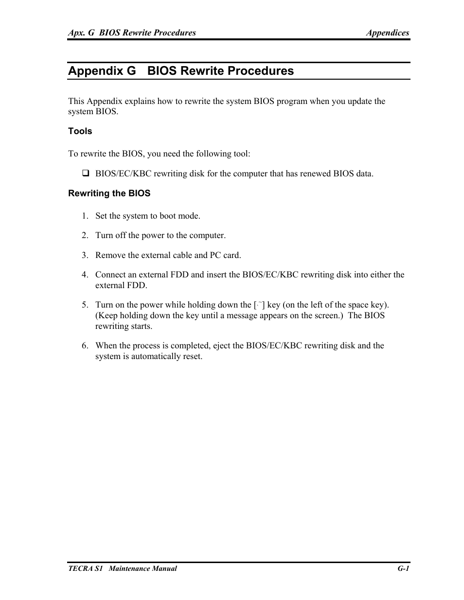 Appendix g - bios rewrite procedures, Appendix g bios rewrite procedures | Toshiba TECRA S1 User Manual | Page 267 / 268