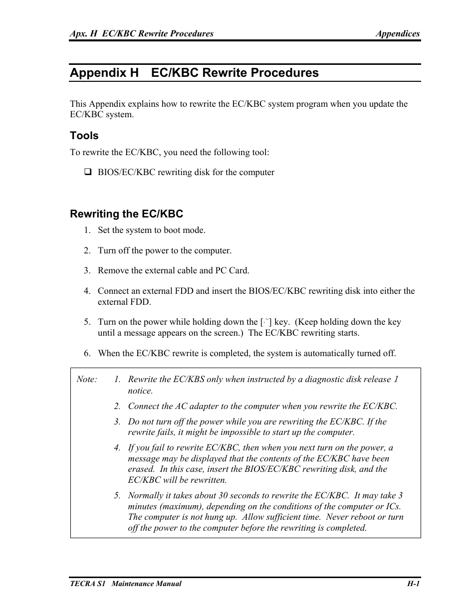 Appendix h - ec/kbc rewrite procedures, Appendix h ec/kbc rewrite procedures, Tools | Rewriting the ec/kbc | Toshiba TECRA S1 User Manual | Page 268 / 268