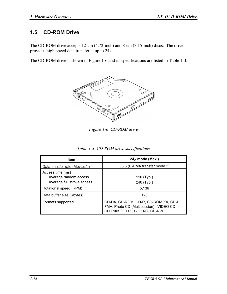 Cd-rom drive, 5 cd-rom drive | Toshiba TECRA S1 User Manual | Page 28 / 268