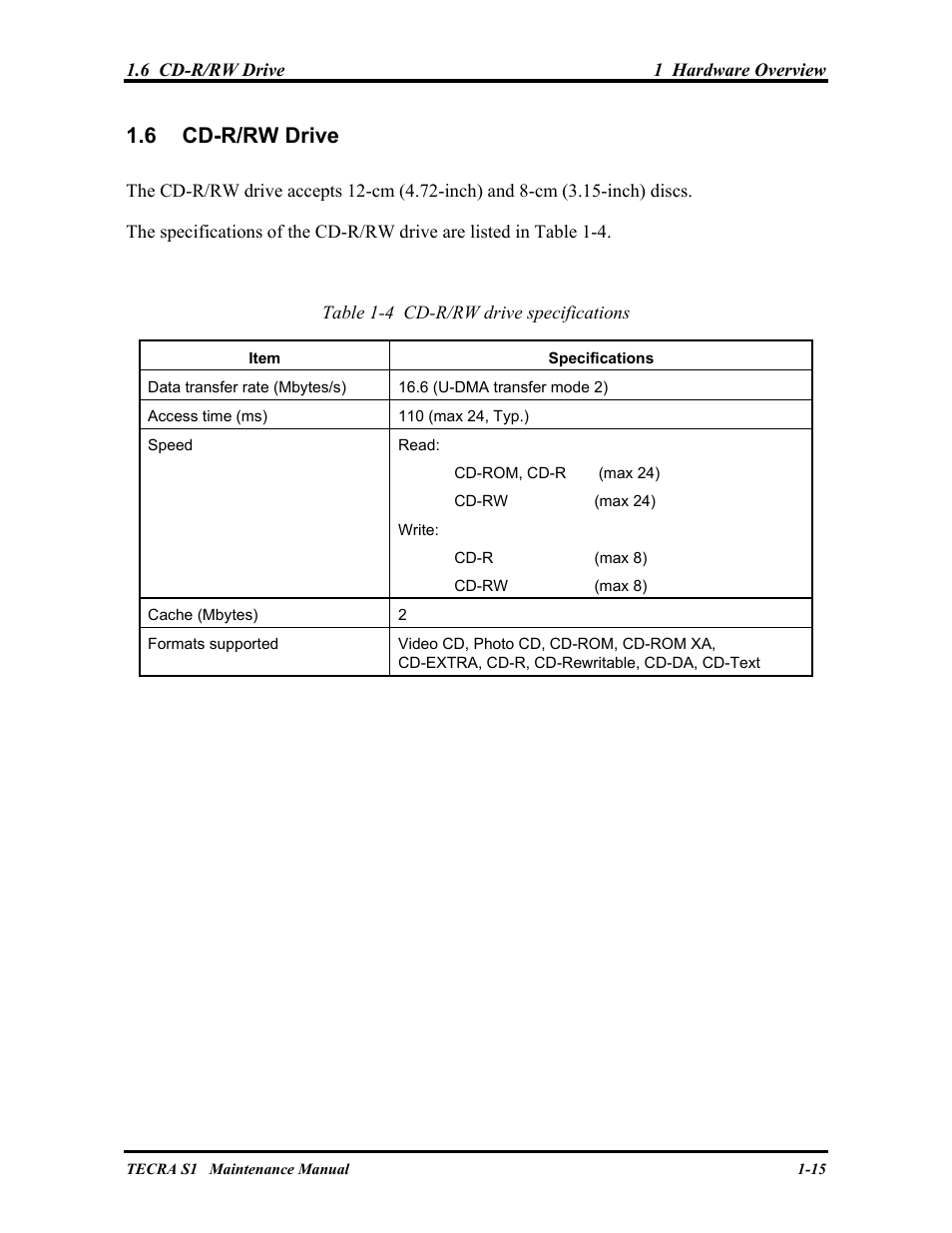 Cd-r/rw drive, 6 cd-r/rw drive | Toshiba TECRA S1 User Manual | Page 29 / 268