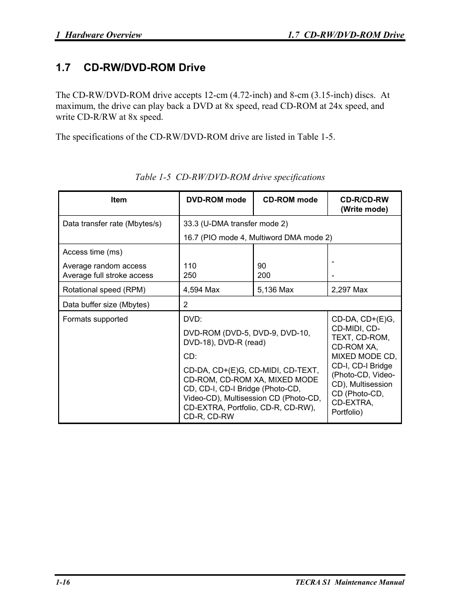 Cd-rw/dvd-rom drive, 7 cd-rw/dvd-rom drive | Toshiba TECRA S1 User Manual | Page 30 / 268