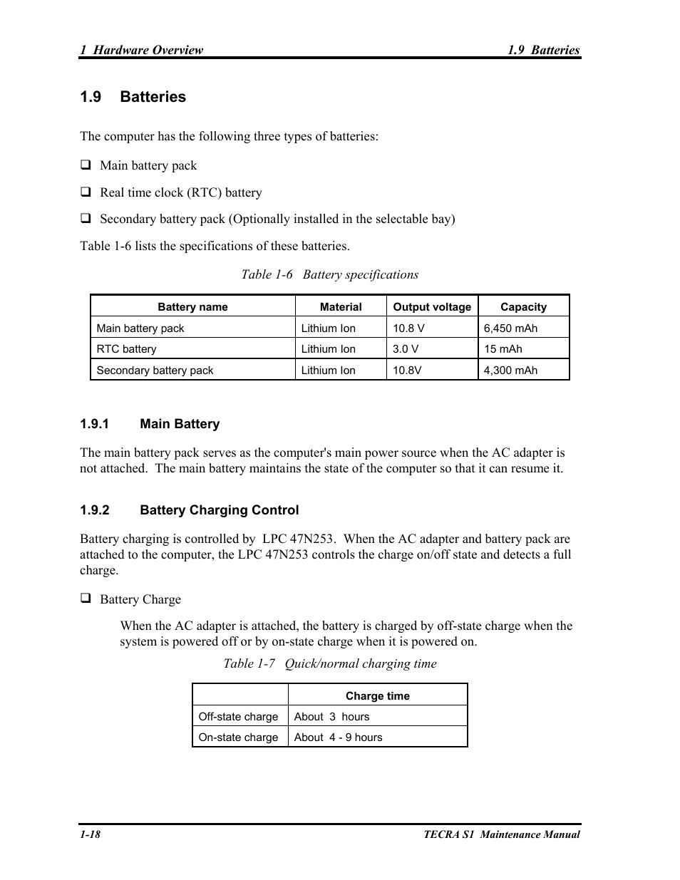 Batteries, 9 batteries | Toshiba TECRA S1 User Manual | Page 32 / 268