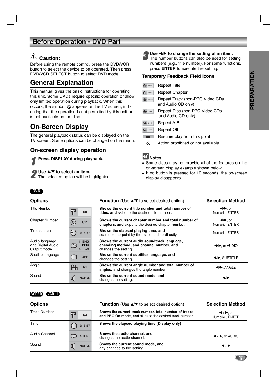 Before operation - dvd part, General explanation, On-screen display | Prep ara tion, On-screen display operation, Caution | Toshiba SD-K530SU User Manual | Page 17 / 47