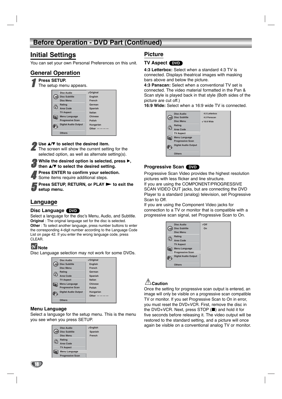 General operation, Language, Picture | Disc language, Menu language, Tv aspect, Progressive scan | Toshiba SD-K530SU User Manual | Page 18 / 47