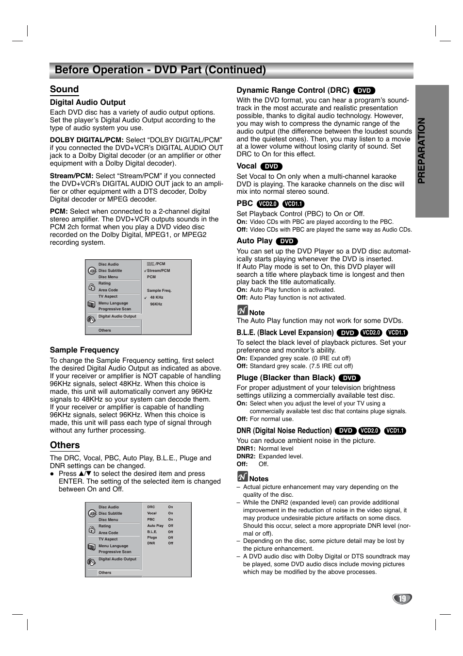 Before operation - dvd part (continued), Prep ara tion, Sound | Others, Digital audio output, Sample frequency, Dynamic range control (drc), Vocal, Auto play, B.l.e. (black level expansion) | Toshiba SD-K530SU User Manual | Page 19 / 47