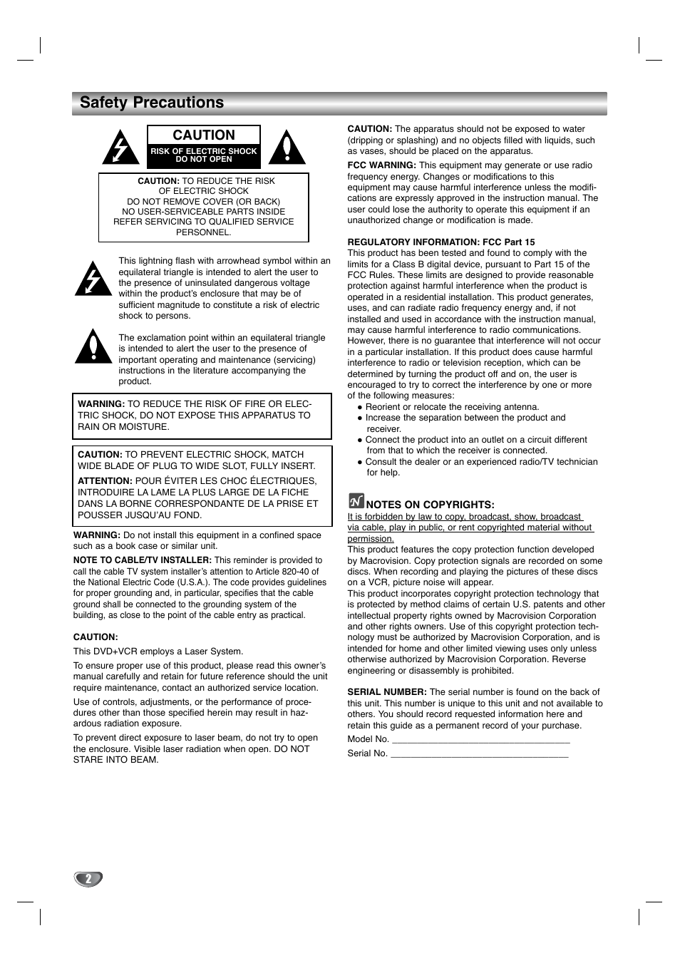 Safety precautions, Caution | Toshiba SD-K530SU User Manual | Page 2 / 47